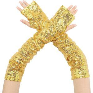 Women's Sequin Gold Sparkly Fingerless Long Arm Sleeve Warmers Gloves Party